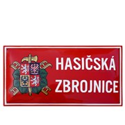 Cedule smaltovaná - nápis Hasičská zbrojnice se znakem SDH (obdélník 80×40 cm)